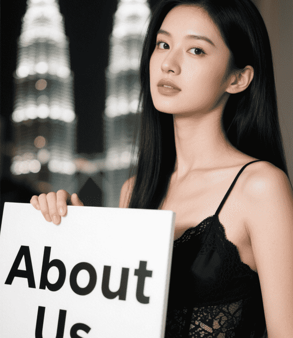 Woman holding a sign that says "About Us