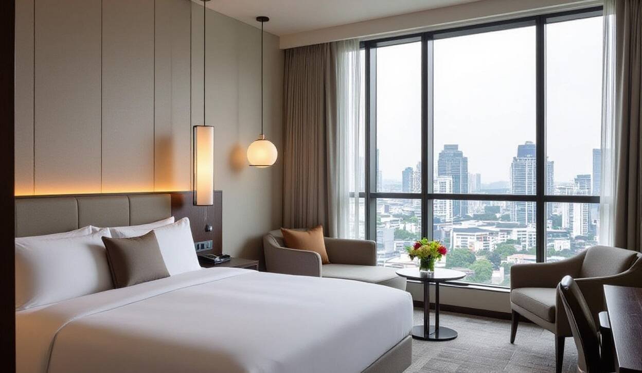 Luxurious hotel room with city view, king-size bed, and seating area.