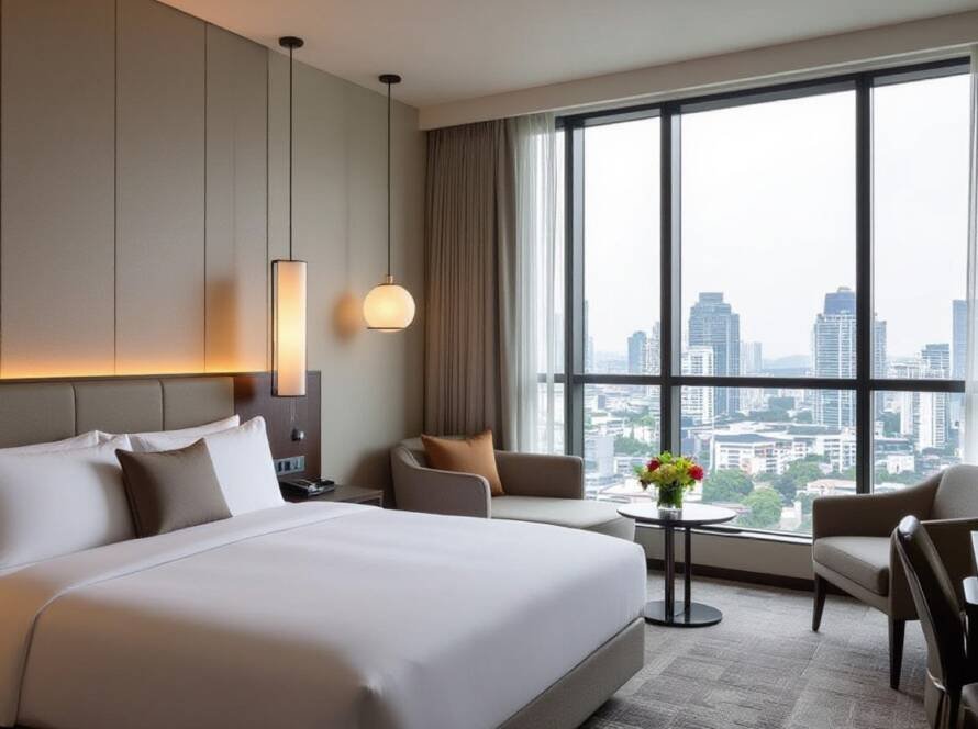 Luxurious hotel room with city view, king-size bed, and seating area.
