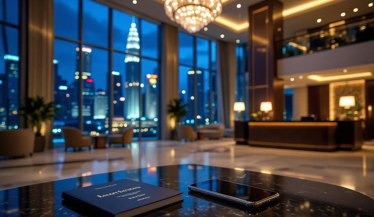 Luxury hotel lobby at night with Petronas Towers view; book and phone on table.