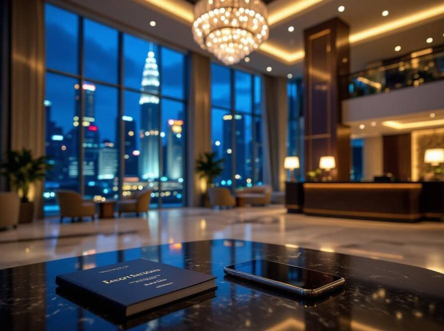 Luxury hotel lobby at night with Petronas Towers view; book and phone on table.