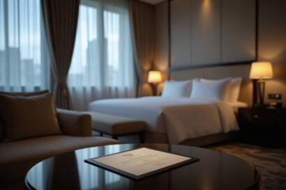 Luxurious hotel room with king bed, seating area, and city view