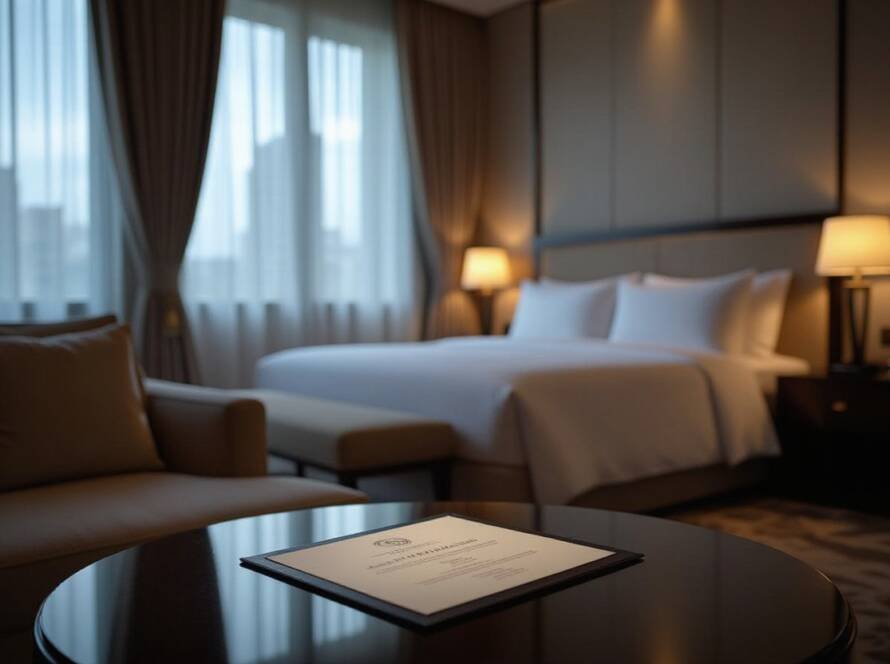 Luxurious hotel room with king bed, seating area, and city view