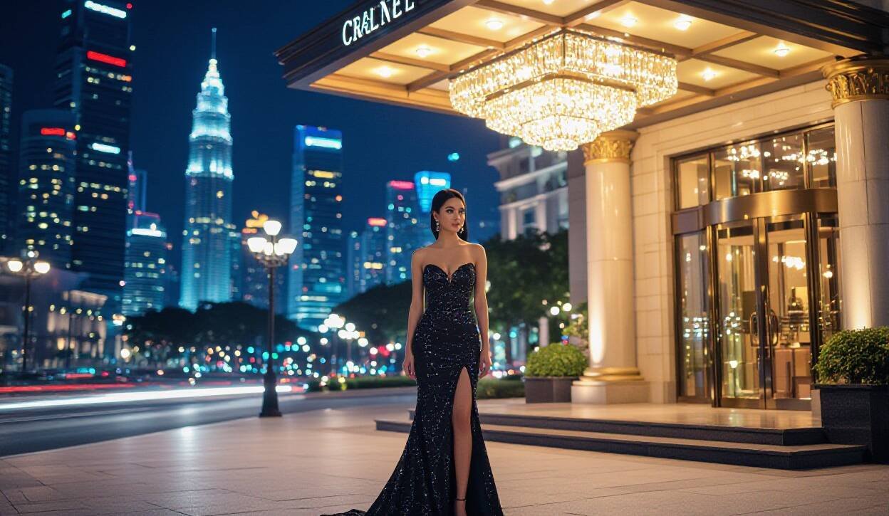 Woman in elegant black gown stands before the Calnee hotel in Kuala Lumpur, with city skyline in background.