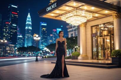 Woman in elegant black gown stands before the Calnee hotel in Kuala Lumpur, with city skyline in background.