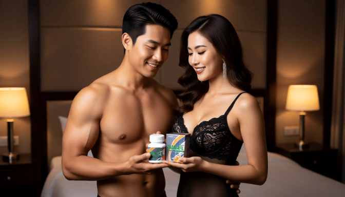 Couple holding male enhancement pills.