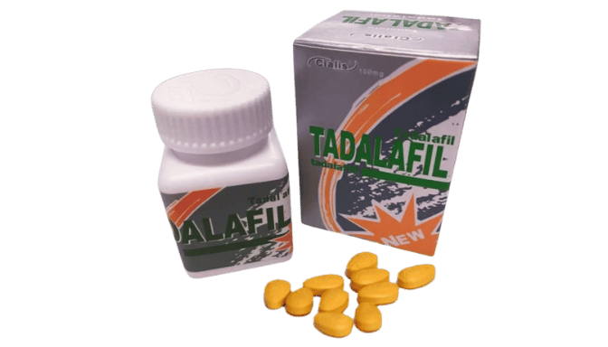 Tadalafil pills, bottle, and box. Text on box: Cialis 100mg, Tadalafil.