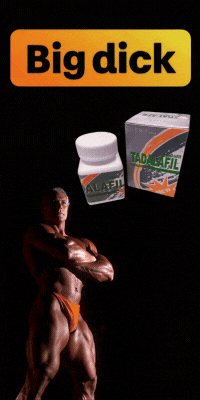 Tadalafil pills ad with bodybuilder. Text: "Big dick". Sex Escort ad.