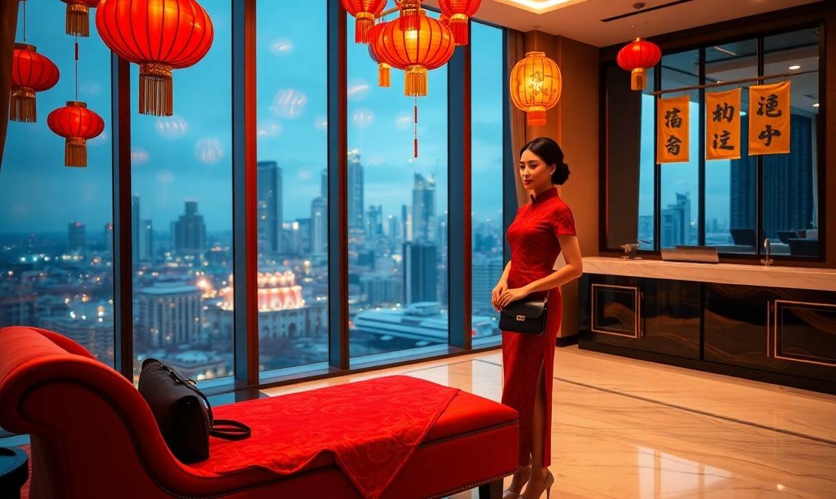 Woman in red dress in luxury high-rise with Asian decor and city view. Red lanterns hang from ceiling.