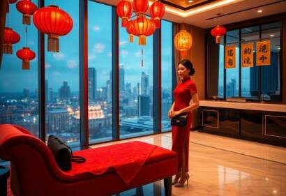 Woman in red dress in luxury high-rise with Asian decor and city view. Red lanterns hang from ceiling.