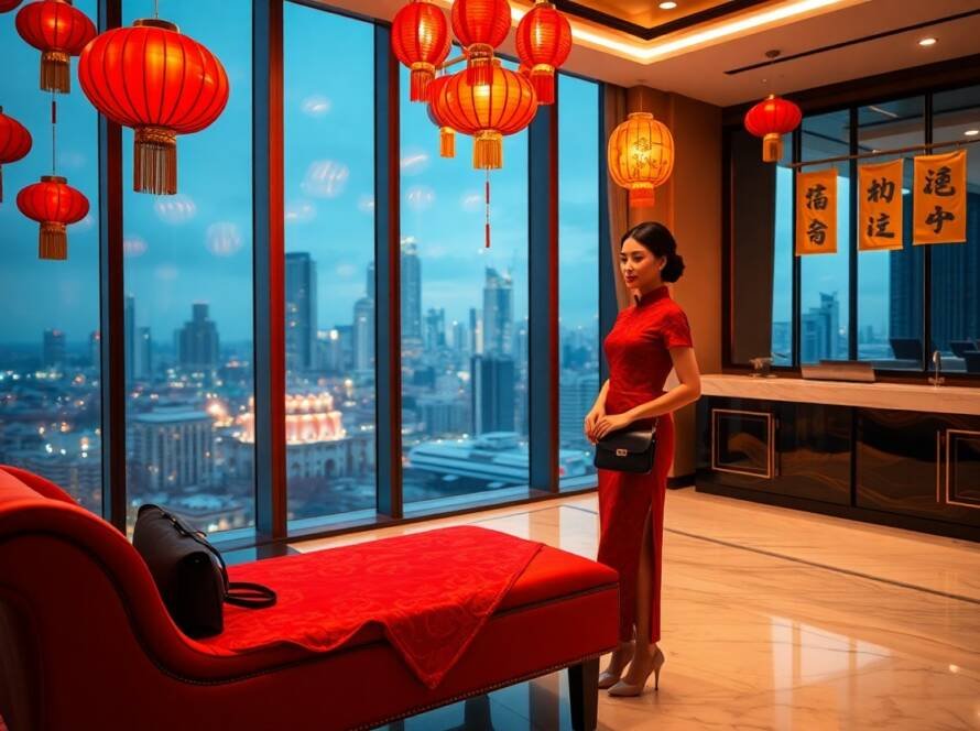 Woman in red dress in luxury high-rise with Asian decor and city view. Red lanterns hang from ceiling.