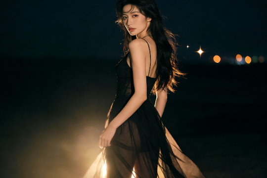 Woman in elegant black dress at night, possibly related to Malaysia hotel escort services.