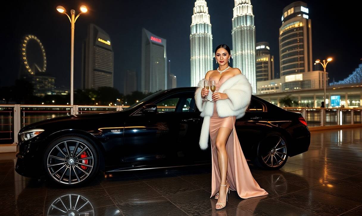 Elegant woman in gown with champagne by Mercedes-AMG, Kuala Lumpur skyline.