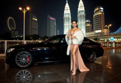 Elegant woman in gown with champagne by Mercedes-AMG, Kuala Lumpur skyline.