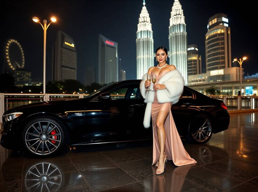 Elegant woman in gown with champagne by Mercedes-AMG, Kuala Lumpur skyline.