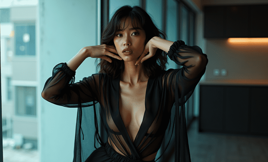Woman in sheer black dress posing by window