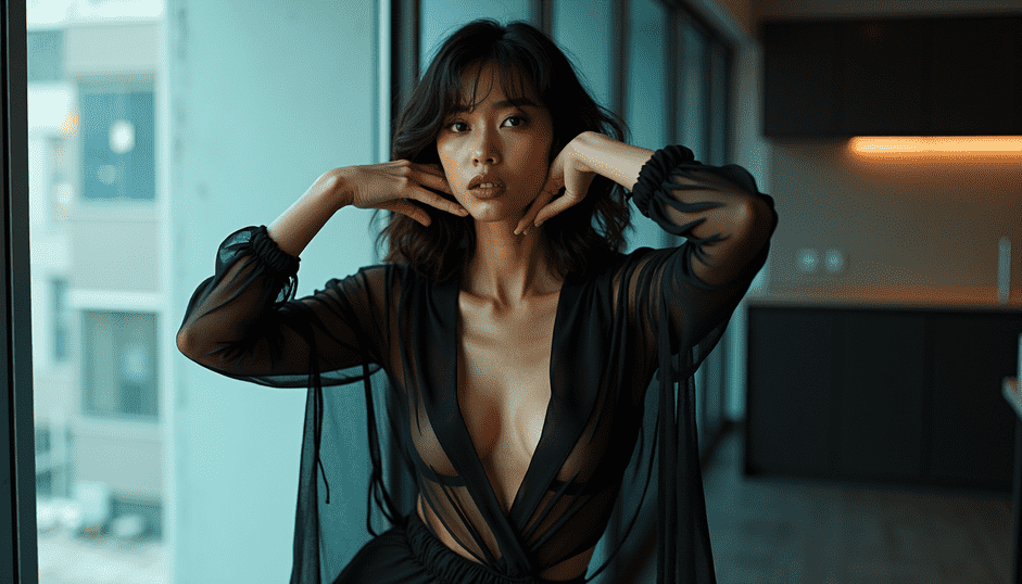 Woman in sheer black dress posing by window