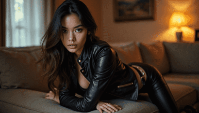 Woman in a black leather jacket and pants posing on a couch