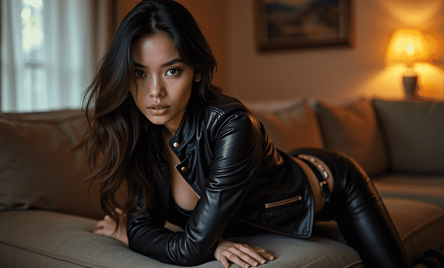 Woman in a black leather jacket and pants posing on a couch