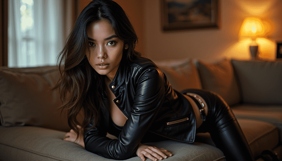 Woman in a black leather jacket and pants posing on a couch
