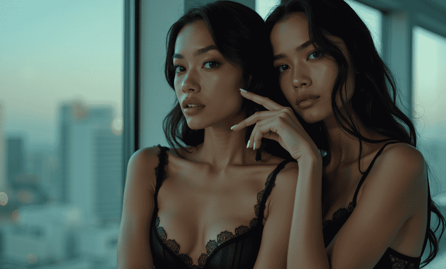 Two young Asian women in black lingerie by a window
