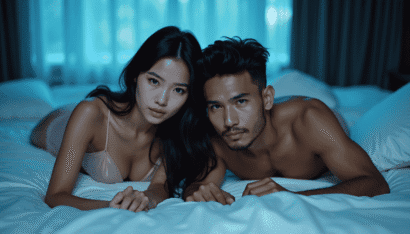 Couple lying on a bed in dim lighting