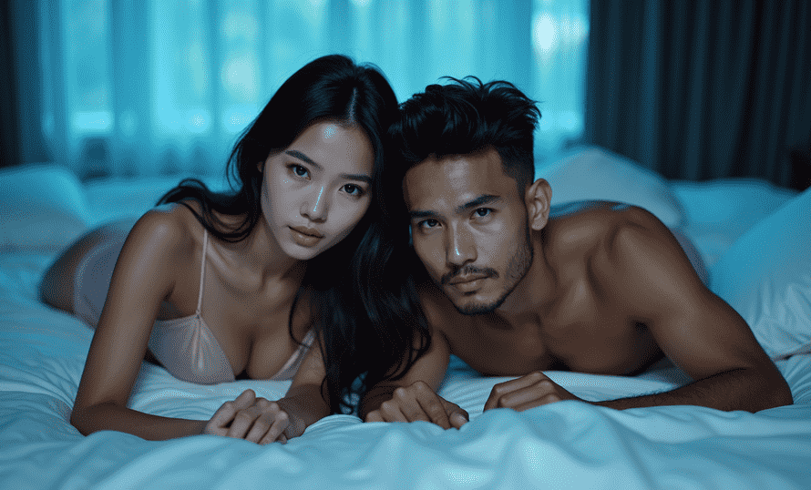 Couple lying on a bed in dim lighting
