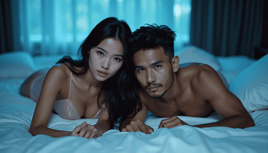 Couple lying on a bed in dim lighting