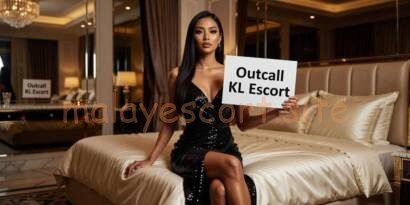 Woman in black dress holding "Outcall KL Escort" sign on bed