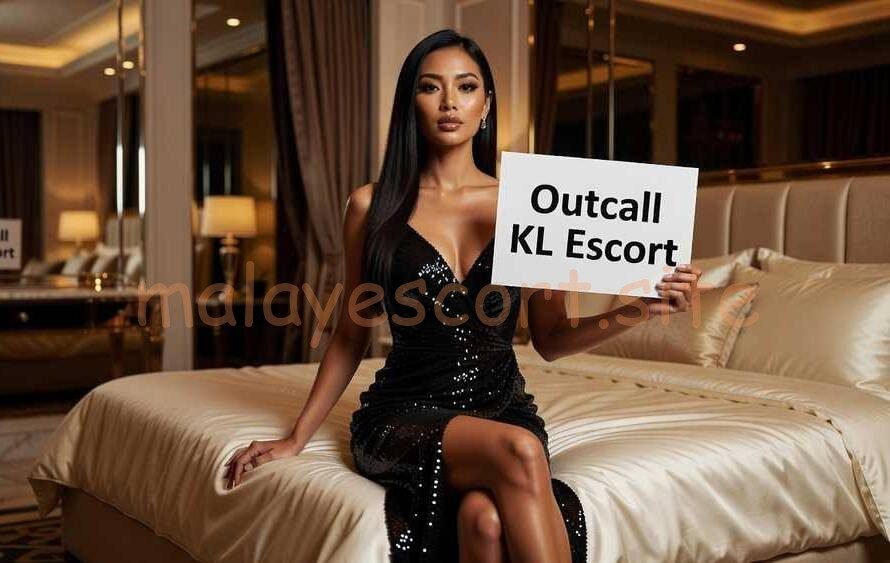 Woman in black dress holding "Outcall KL Escort" sign on bed