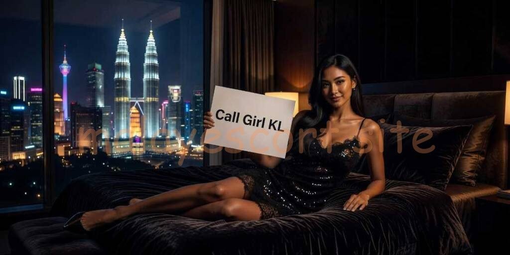 Woman holding sign "Call Girl KL" in a bedroom with Kuala Lumpur skyline view.