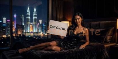 Woman holding sign "Call Girl KL" in a bedroom with Kuala Lumpur skyline view.