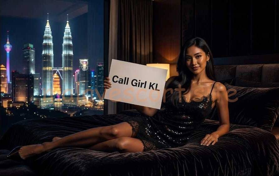 Woman holding sign "Call Girl KL" in a bedroom with Kuala Lumpur skyline view.