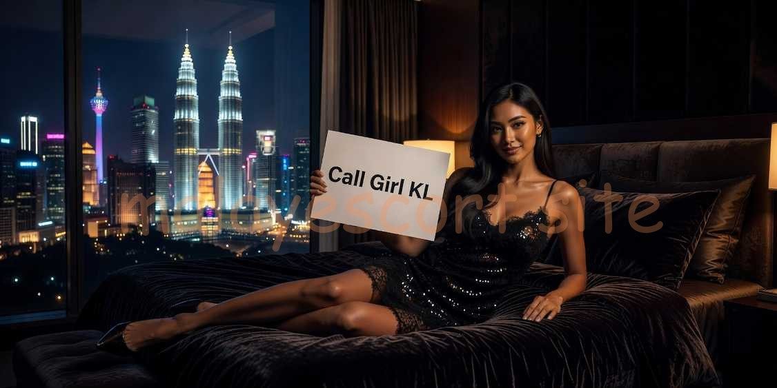 Woman holding sign "Call Girl KL" in a bedroom with Kuala Lumpur skyline view.