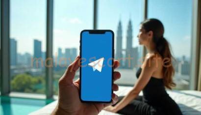 Hand holding a smartphone displaying the Telegram app logo with a blurred woman in the background