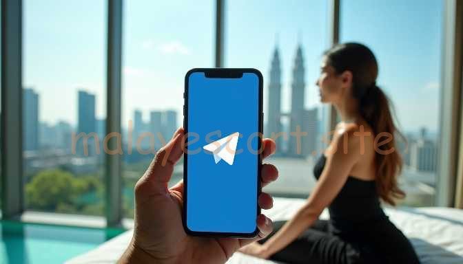 Hand holding a smartphone displaying the Telegram app logo with a blurred woman in the background