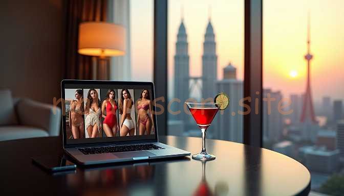 Laptop displaying fashion models next to a cosmopolitan cocktail with city skyline at sunset