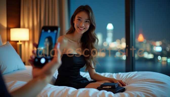 Young Asian woman in a black dress taking a selfie in a hotel room at night