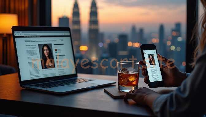 Woman on laptop with city view and phone showing profile