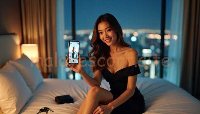 Young Asian woman in a black dress holding a smartphone displaying her profile picture