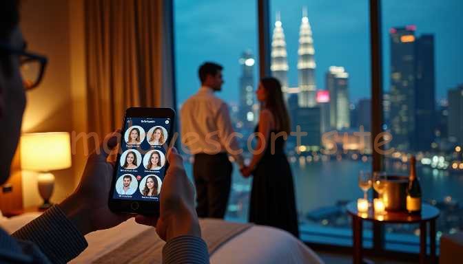 Couple on a date night, using a dating app on a phone with a city skyline background