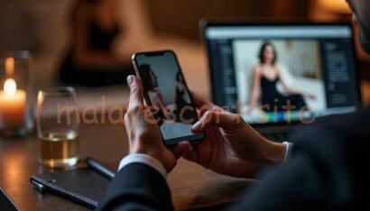 Person holding smartphone showing image of woman on laptop screen