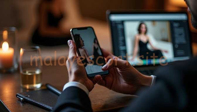 Person holding smartphone showing image of woman on laptop screen