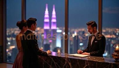 Couple at hotel reception desk with city skyline view at night