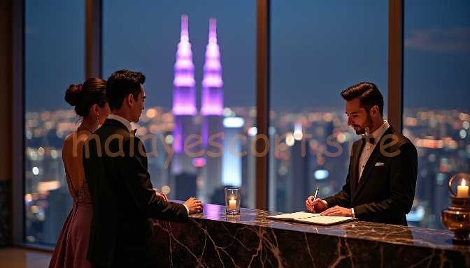 Couple at hotel reception desk with city skyline view at night