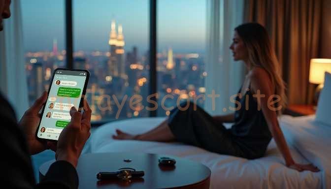 Man texting on phone with woman in hotel room overlooking city skyline
