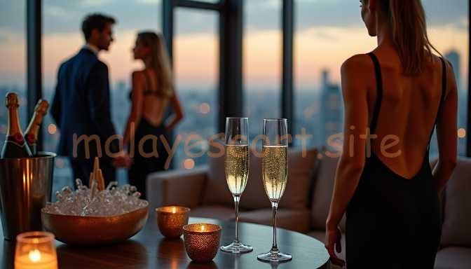 Couple in formal wear toasting with champagne at a rooftop bar