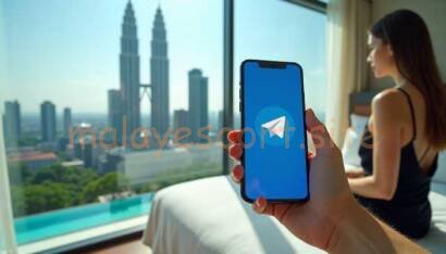 Hand holding phone with Telegram app open, woman in background with city view