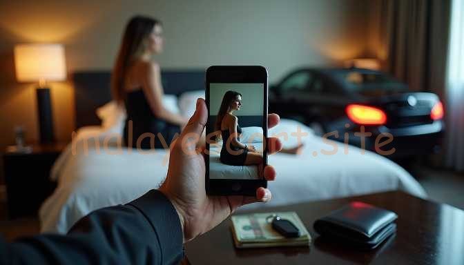 Man holds phone showing woman on bed, car outside hotel room