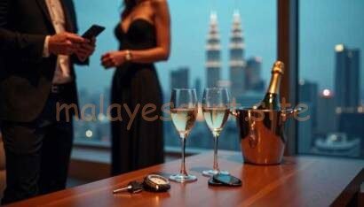 Couple celebrating with champagne and car keys, city skyline view
